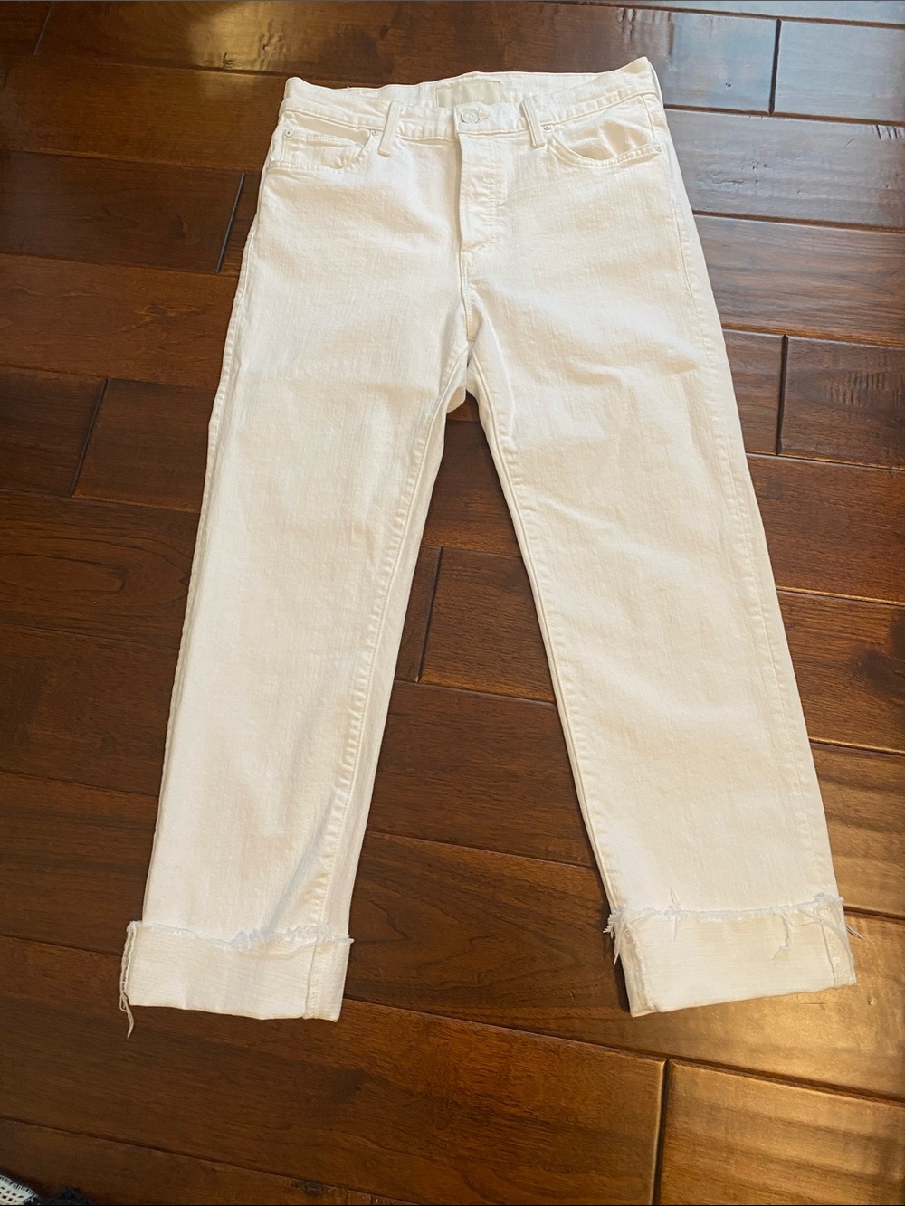 MOTHER White Boyfriend Jeans with Cuffed Frayed Hem